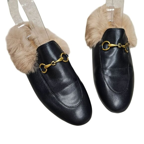 Vertundy Fully Fur-Lined Black Leather Loafers With Gold Buckle Detail Size 6.5 - Picture 2 of 10